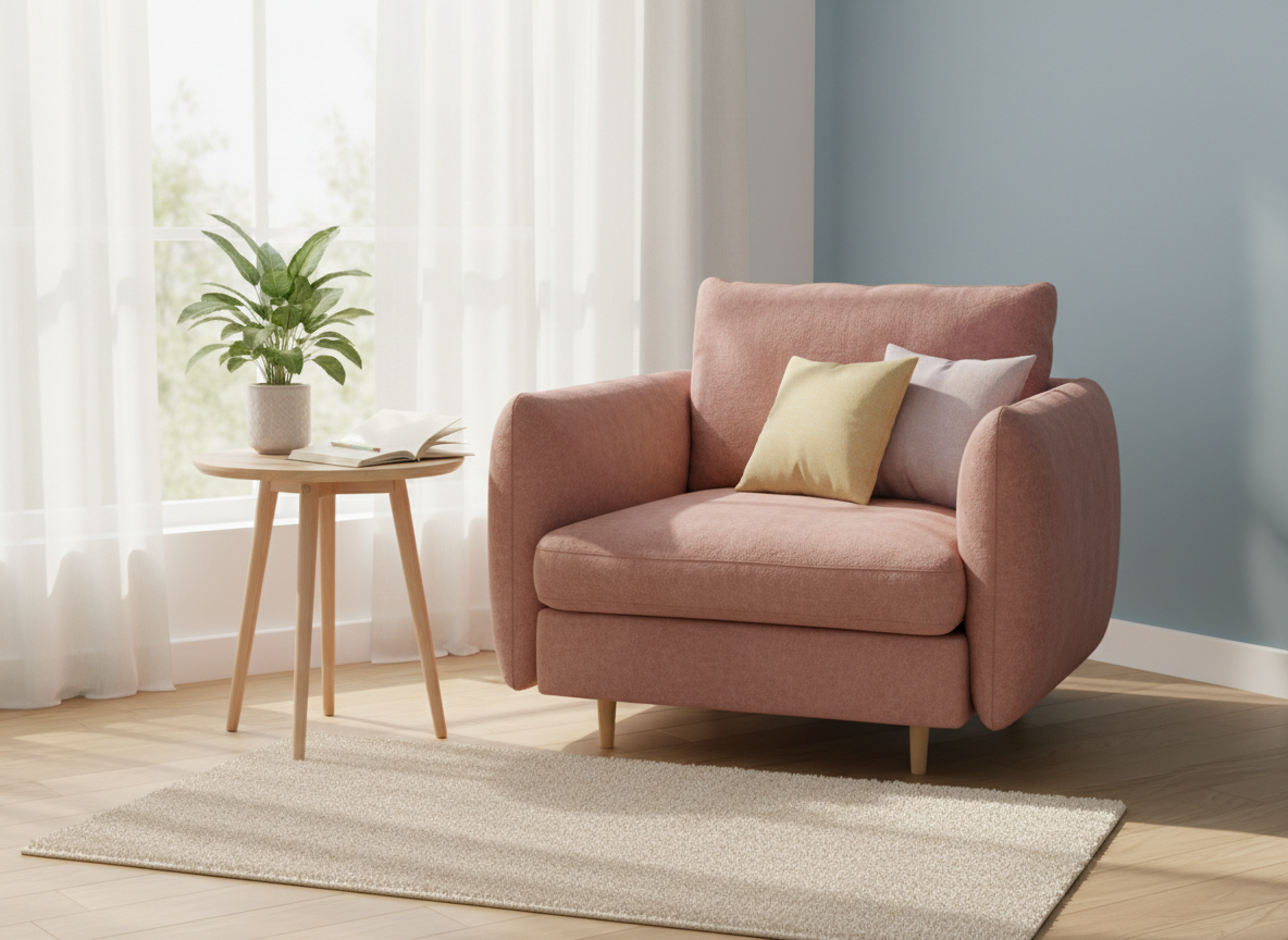 soft, warm-toned therapy office scene with a comfortable armchair, a small table with a plant and notebook, and soft natural light, in pastel colors, evoking a calm, human-centered atmosphere