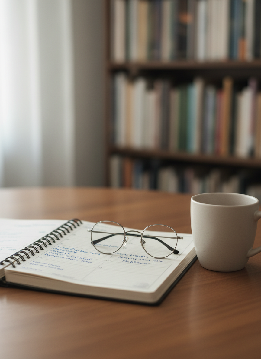 Clean, professional close-up of therapy tools on a desk: an open planner with neat writing, a pair of simple eyeglasses, and a neutral ceramic mug, with blurred bookshelf in the background. Soft natural light, no people, calm colour palette.
