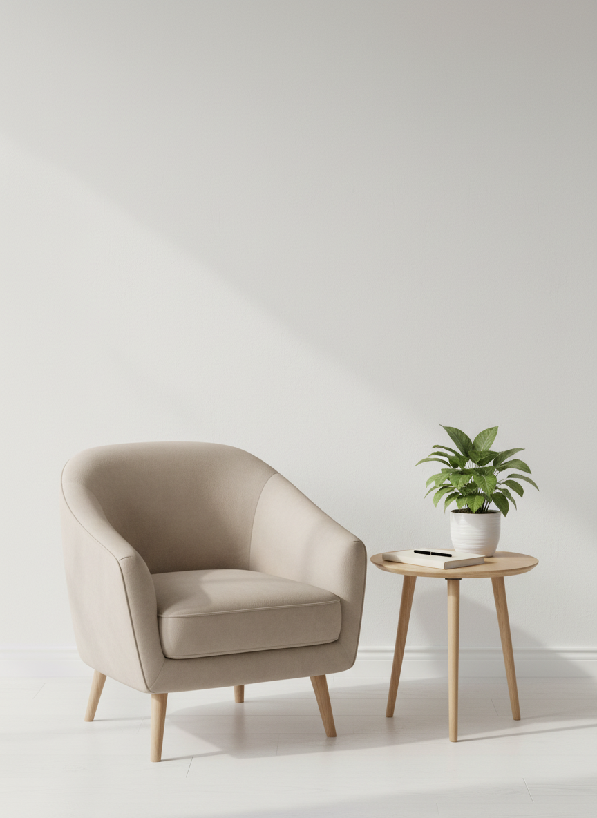 Calm, professional psychotherapy-inspired still life without people: a neutral-toned armchair in soft beige fabric beside a small round wooden side table holding a closed notebook and pen, with a simple potted green plant in the background against a light, uncluttered wall. Soft natural daylight from the side, clean composition, pastel and muted colors that match existing images on the page, evoking safety, emotional balance, and professional care.