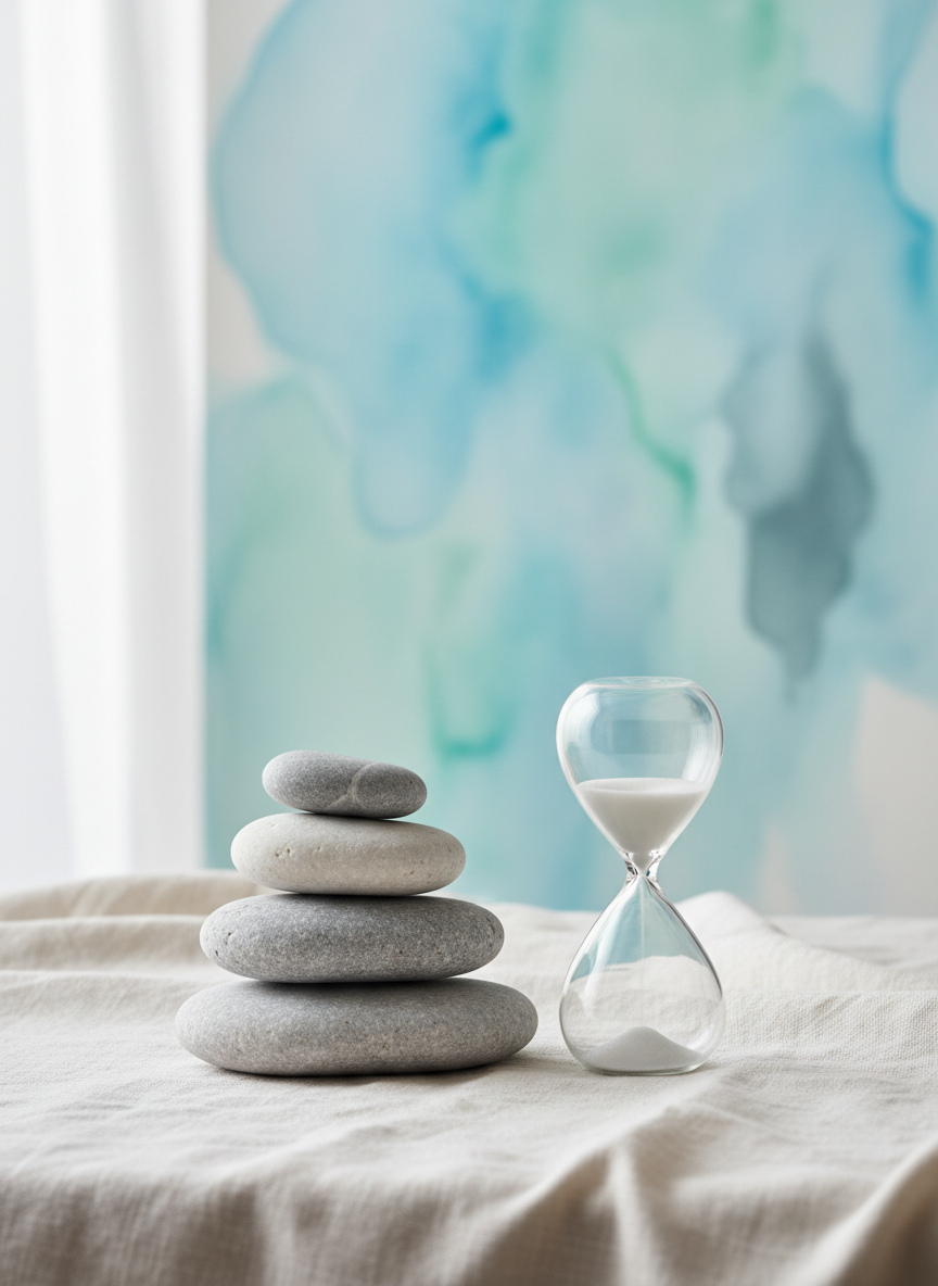 Calm, minimal psychotherapy themed still life: smooth stacked stones and a simple glass hourglass on a light fabric surface, with a soft abstract watercolor artwork in cool blue-green tones in the background. No text, no people, natural daylight, clean and contemporary aesthetic suitable for a psychologist’s website hero image.