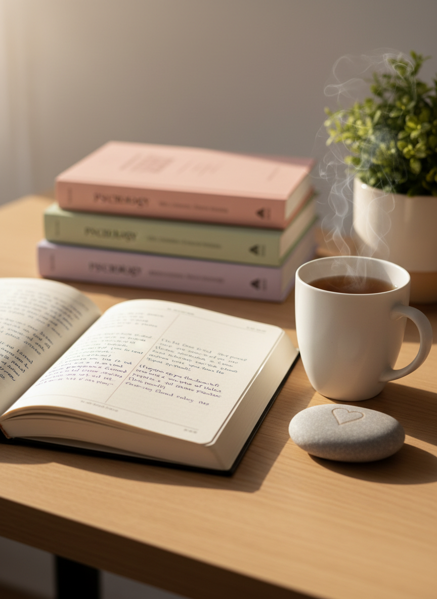 A close-up photographic image of an open, cream-colored journal lying on a light oak desk, its pages filled halfway with neatly handwritten reflections in dark blue ink, next to a smooth river stone engraved with a subtle heart symbol and a steaming herbal tea in a matte white mug. Behind them, softly out of focus, are stacked psychology books with pastel spines and a small green plant in a ceramic pot. Soft morning light enters from the left, casting gentle shadows and a warm, hopeful glow. Shot from a slightly elevated angle with shallow depth of field, the mood is introspective, comforting, and supportive of personal growth and self-understanding.
