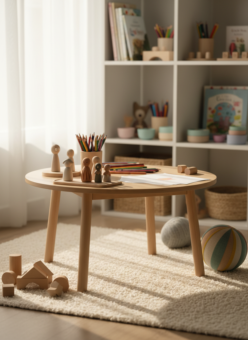 A warm, photographic depiction of a child-friendly therapy corner without any people: a low, round, natural wood table covered with colored pencils, non-branded clay figures, and blank drawing paper, next to a plush, neutral-toned rug scattered with a few wooden blocks and a soft fabric ball. In the background, an open shelf holds carefully arranged storybooks and therapy tools in calm, pastel colors. Sunlight streams gently through a nearby window with sheer curtains, creating playful yet soft highlights and shadows. Shot from a child’s-eye, low-angle perspective with shallow depth of field that keeps the table in crisp focus, the atmosphere is safe, nurturing, and creative, conveying a supportive space for children to express emotions through play and art.